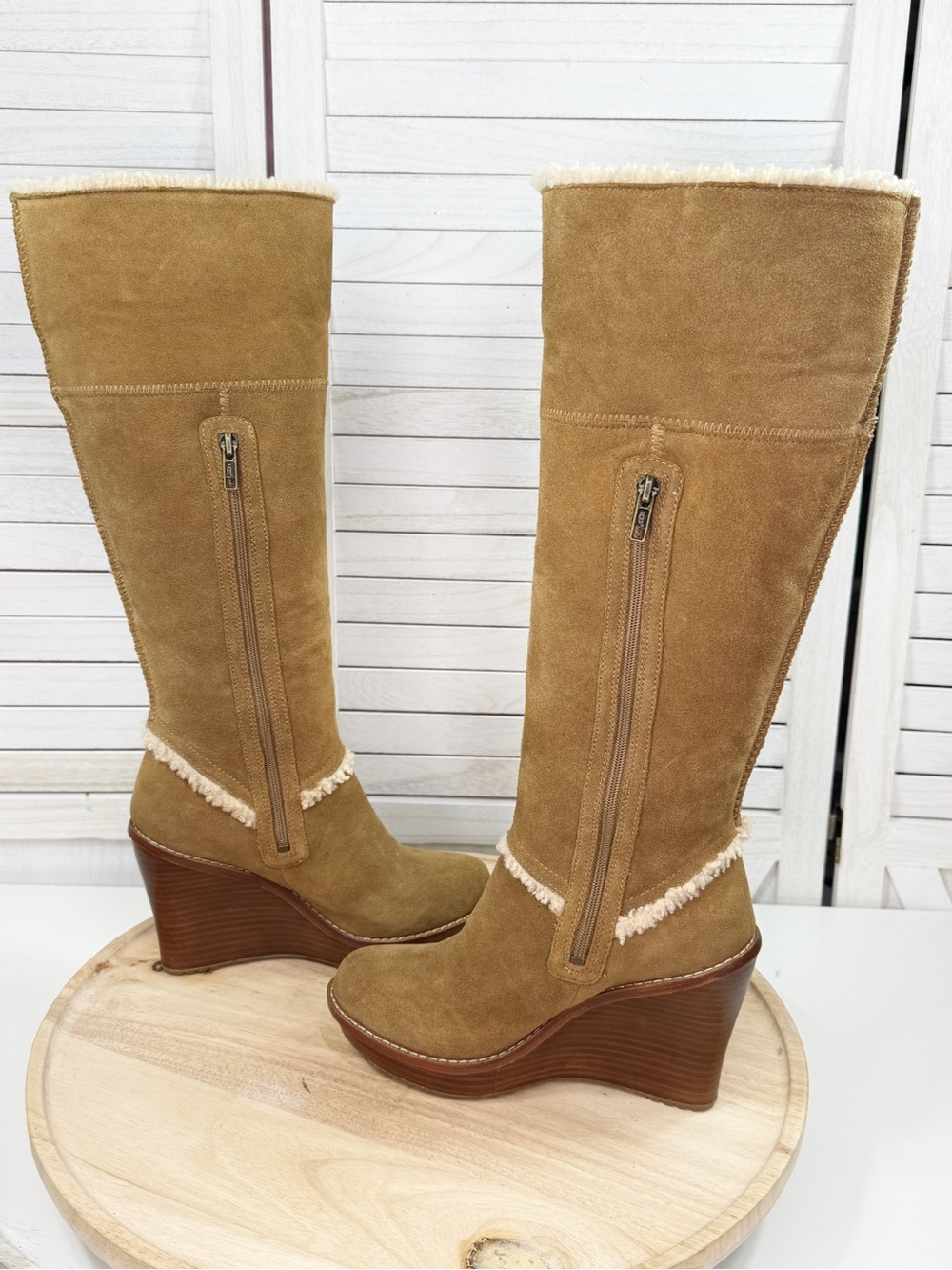 Ugg Aubrie Suede Shearling Wedge Heel Knee High Boots Tan 7.5 Boho Retro - Picture 6 of 12